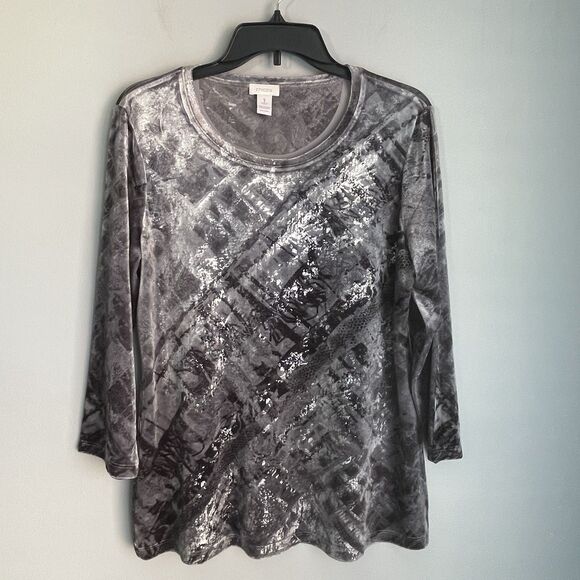 Chico's Velvet Top Women’s Size 1/M Silver Gray Embossed Holiday Chic Glam Party - Picture 1 of 10